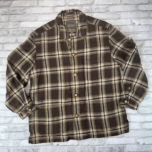 Structure Men's 100% Linen Long Sleeve Button Up Plaid Shirt Brown w Pockets XL
